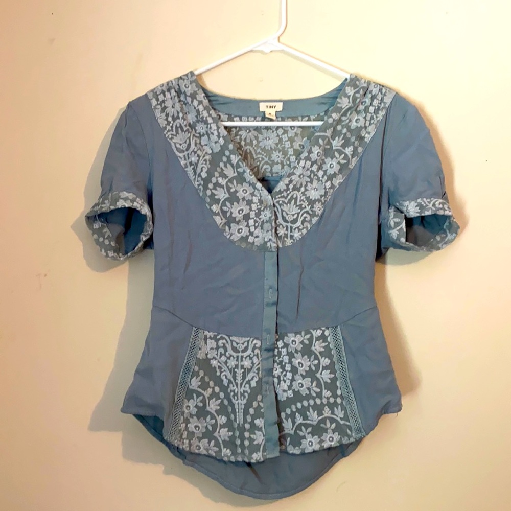 TINY Blue Lace Short Sleeve Button up